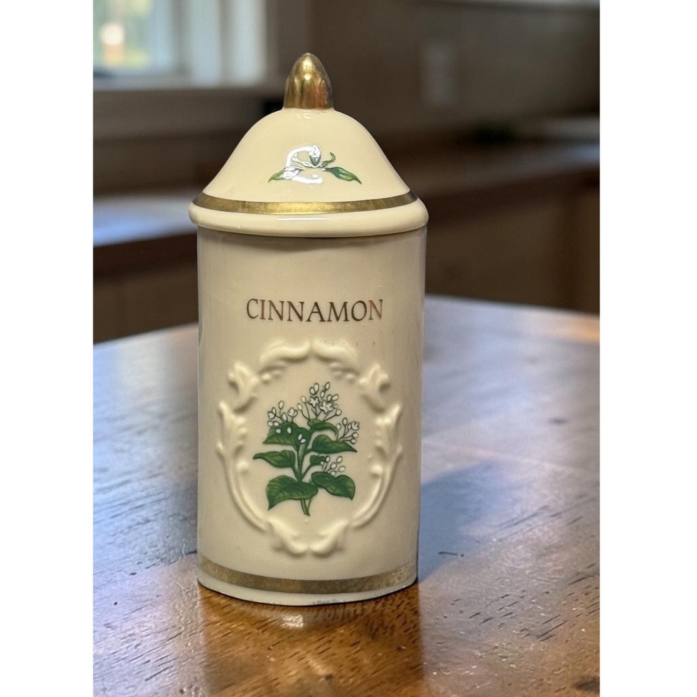 Lenox Spice Garden CINNAMON Jar Porcelain 1992 Gold Trim Cream Botanical *READ